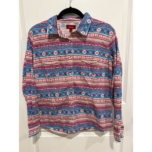 Panhandle Youth Western Pearl Snap Shirt Size Large Blue Purple Aztec Print
